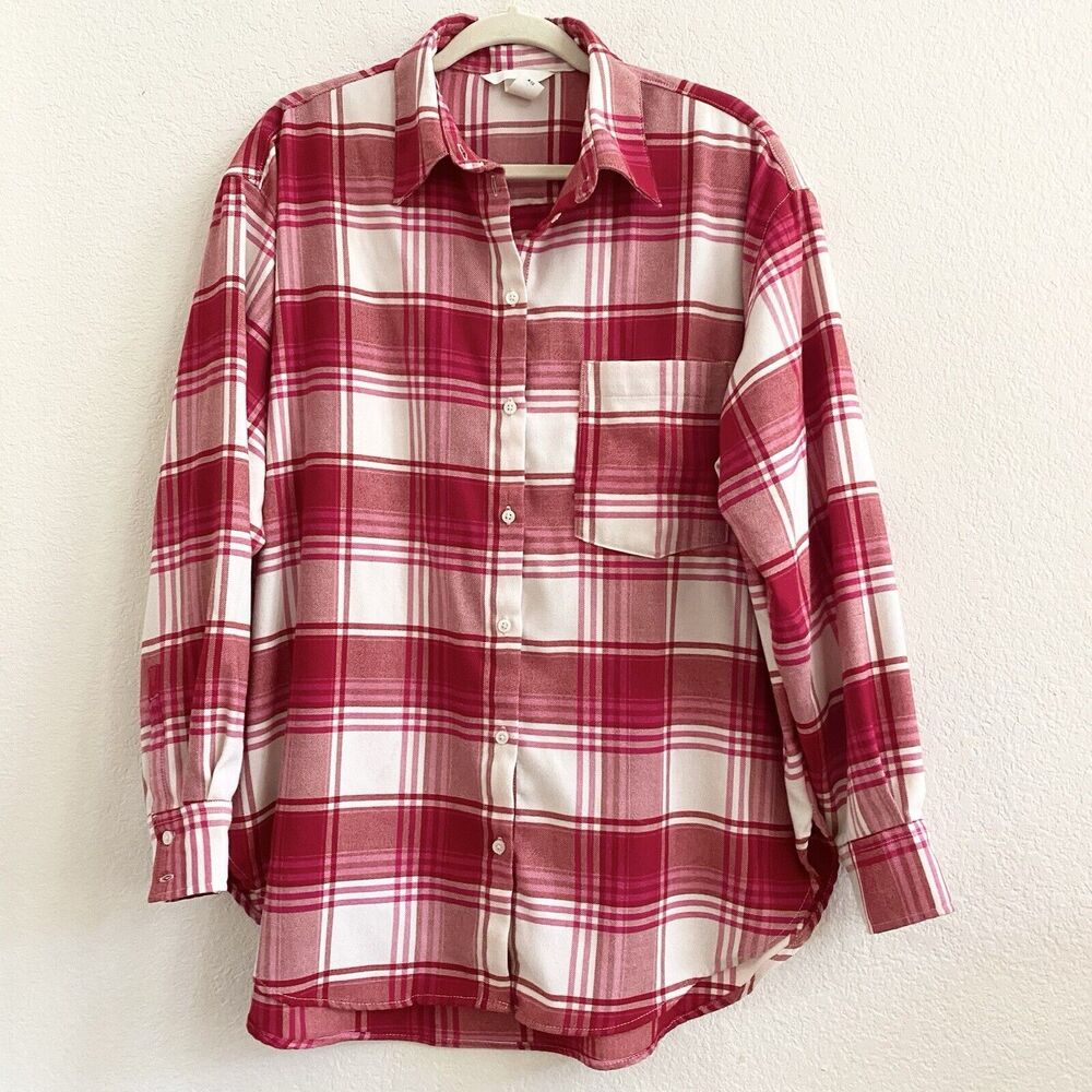 H&M Women's Button‎ Down Red Shirt Size Medium Long Sleeve Plaid Top Blouse